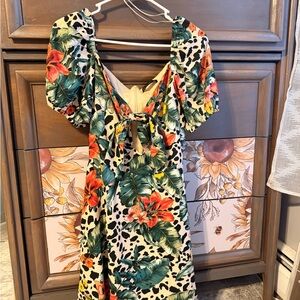 Tropical Leaf & Floral Midi Dress with Front Tie in Green and Orange